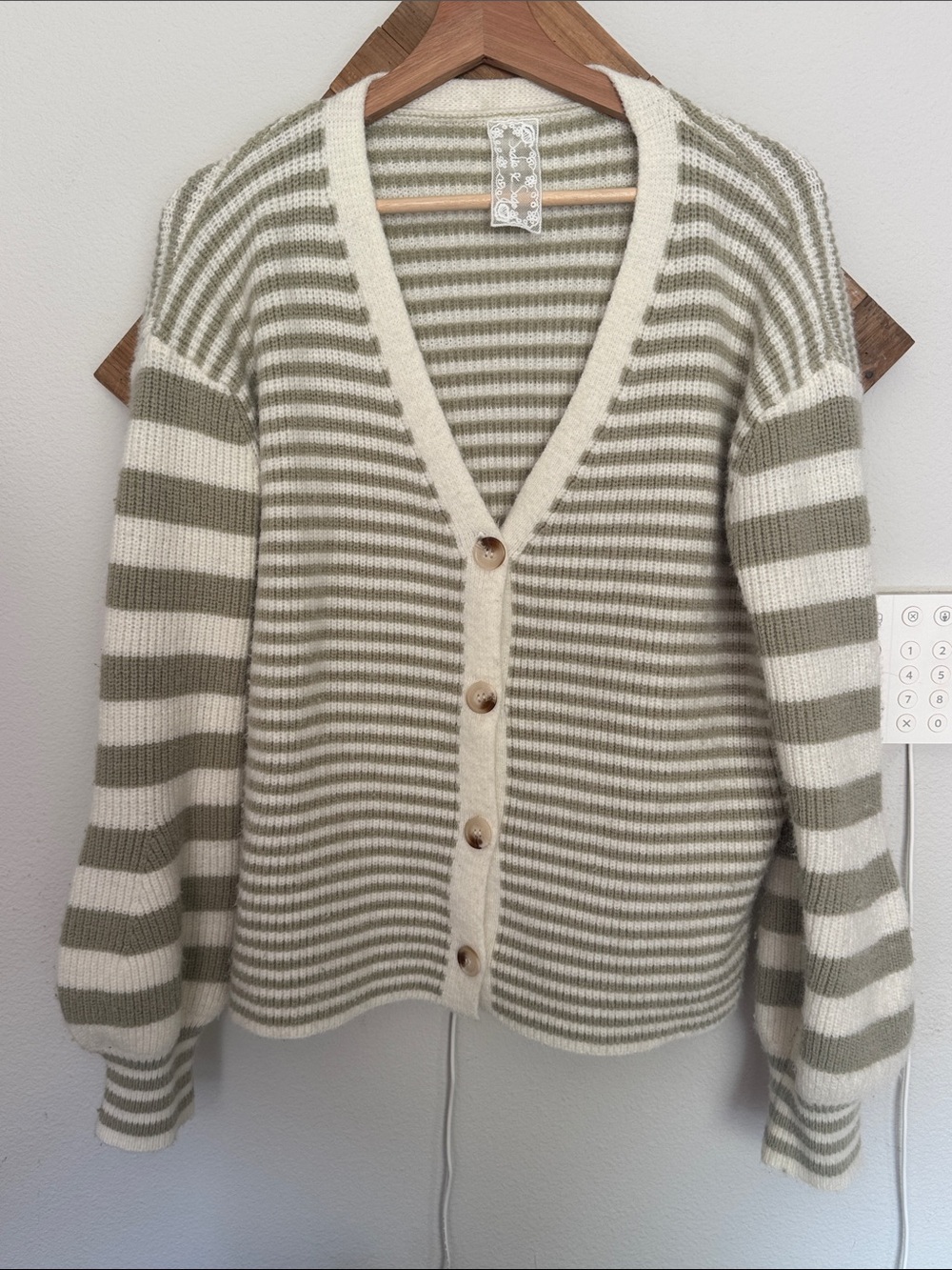 Sadie & Sage Cream and Sage Striped V-Neck Button Cardigan
